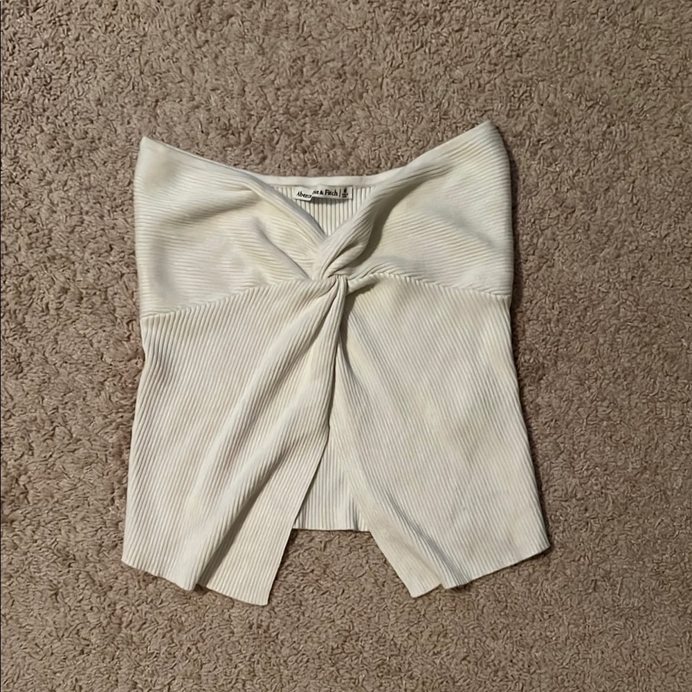 White Ribbed Twist Front Top